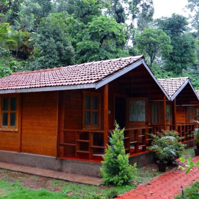 wood cabins in jungle